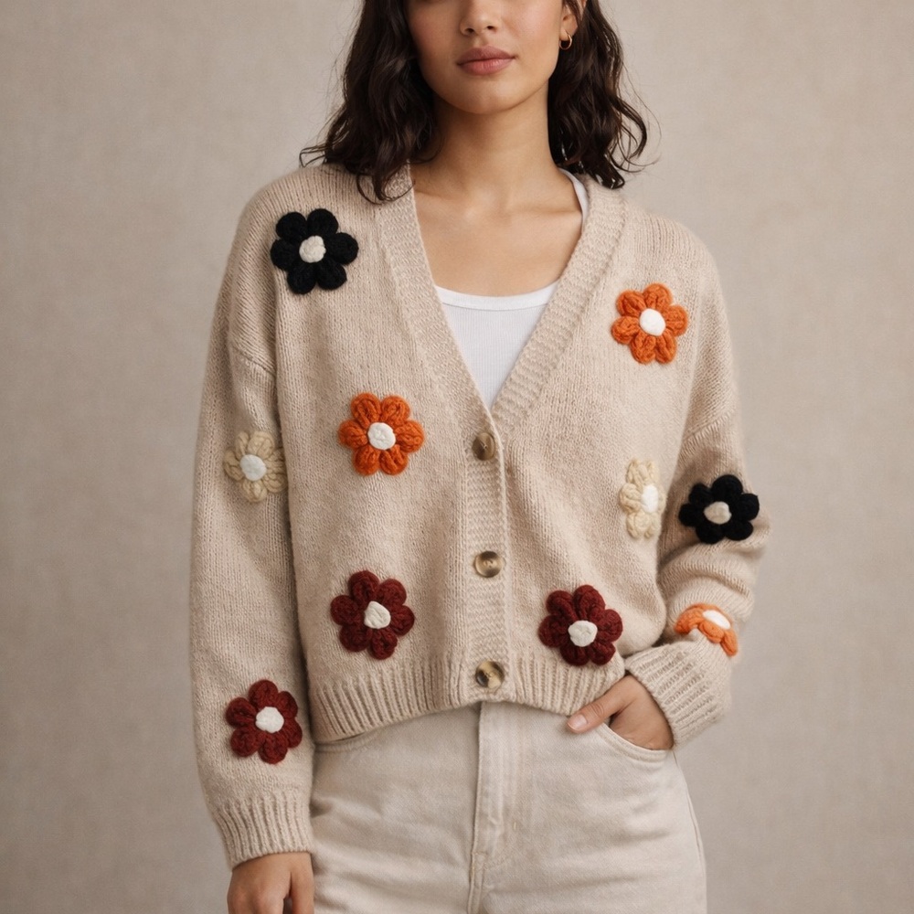 Dreamers by Debut Beige Cardigan with Colorful 3D flowers